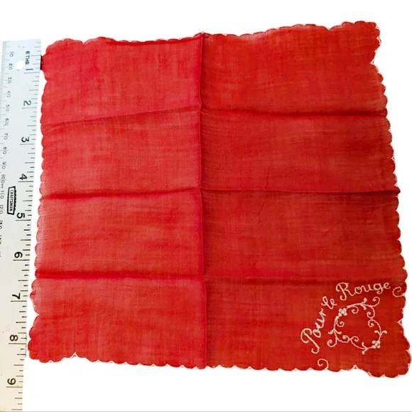 HANKERCHIEF French Red Rouge Embroidered Vintage Retro Cotton 8.5"x8.5" - Picture 4 of 6